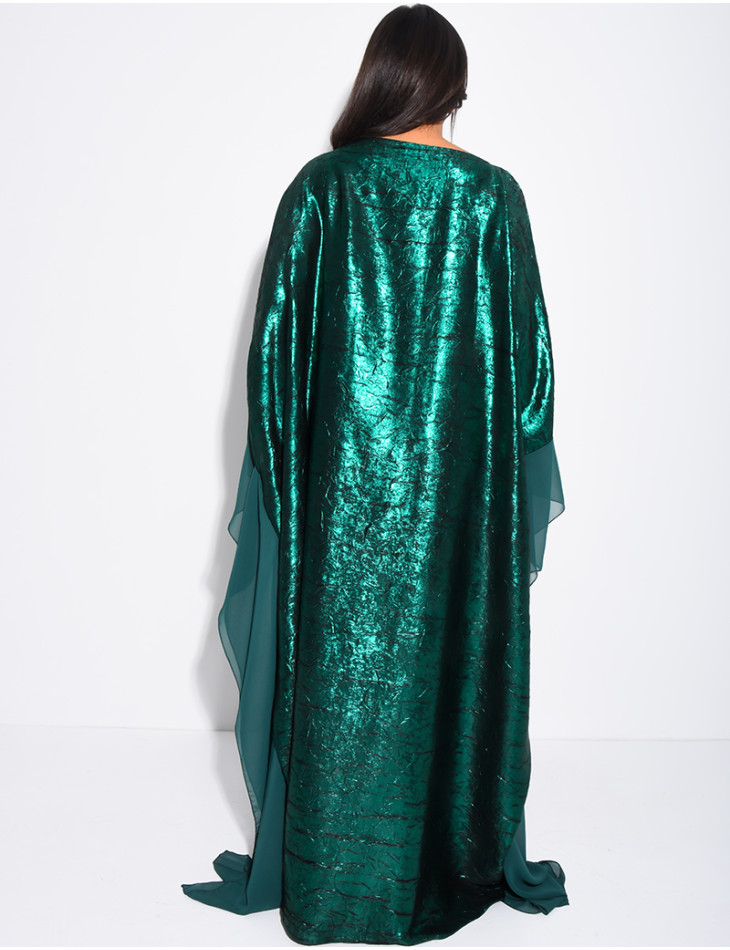 Abaya mit Schmetterlingsmuster aus glänzendem Stoff und Voile-Bordüren