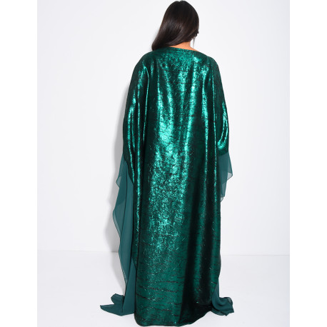 Abaya mit Schmetterlingsmuster aus glänzendem Stoff und Voile-Bordüren