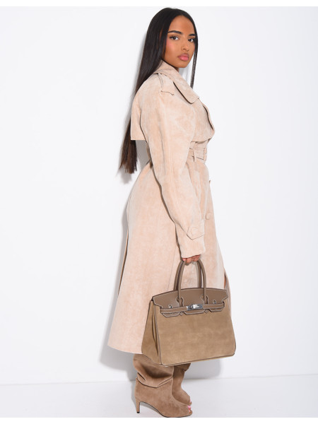 Long suede trench coat with belted waist