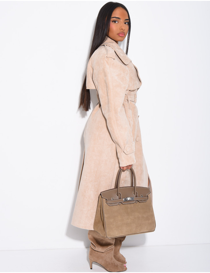 Long suede trench coat with belted waist
