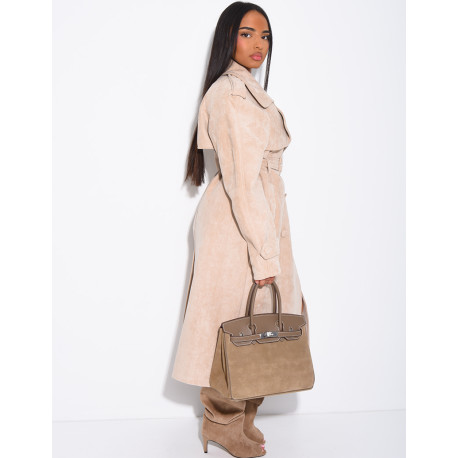 Long suede trench coat with belted waist