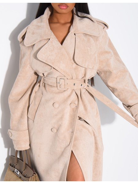 Long suede trench coat with belted waist