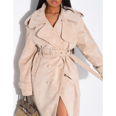 Long suede trench coat with belted waist