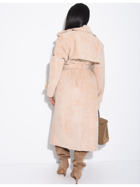 Long suede trench coat with belted waist