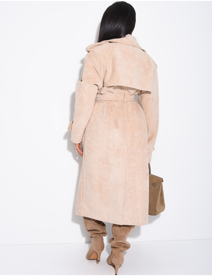 Long suede trench coat with belted waist