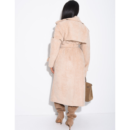 Long suede trench coat with belted waist