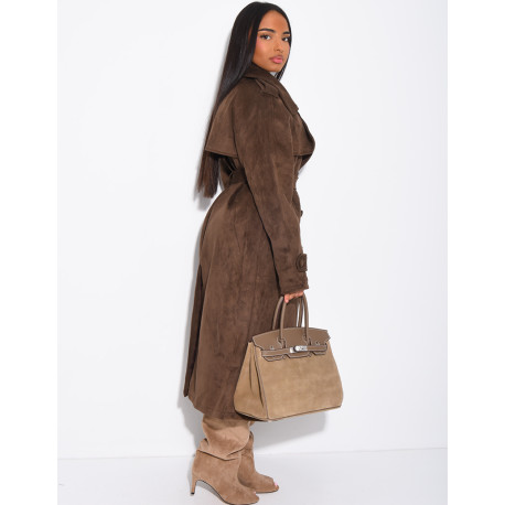 Long suede trench coat with belted waist