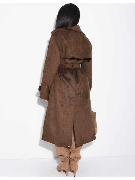 Long suede trench coat with belted waist