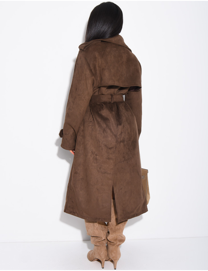 Long suede trench coat with belted waist