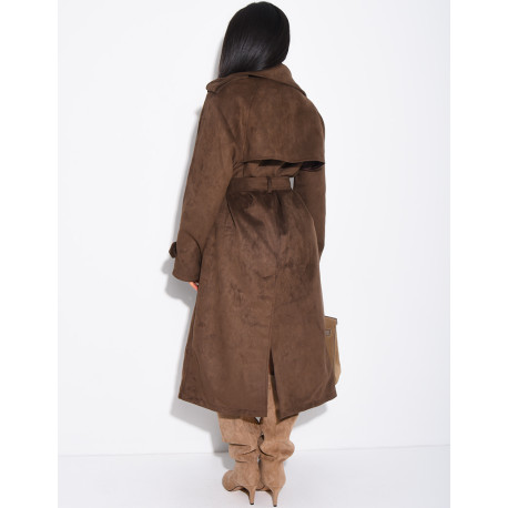 Long suede trench coat with belted waist