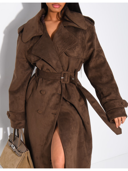 Long suede trench coat with belted waist