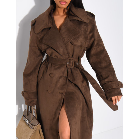 Long suede trench coat with belted waist