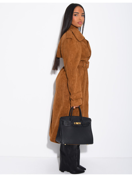 Long suede trench coat with belted waist
