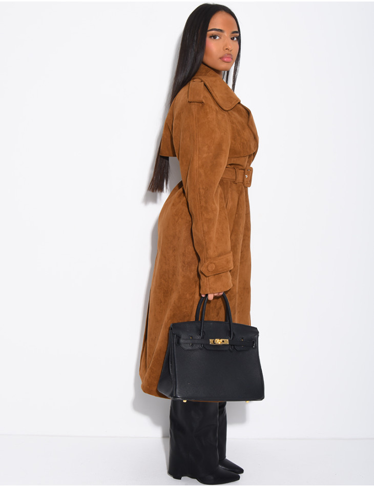 Long suede trench coat with belted waist