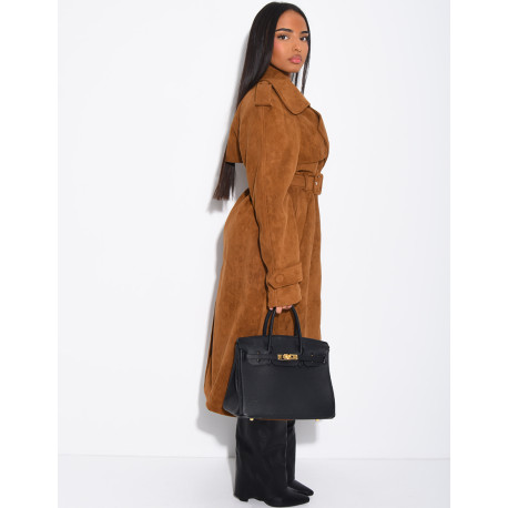 Long suede trench coat with belted waist