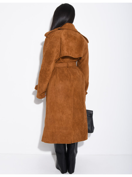 Long suede trench coat with belted waist