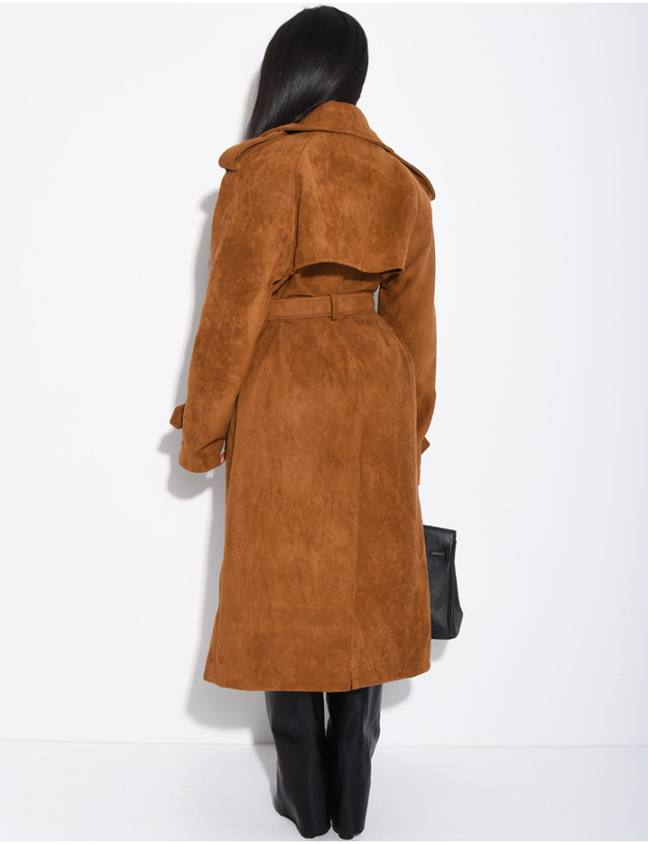 Long suede trench coat with belted waist