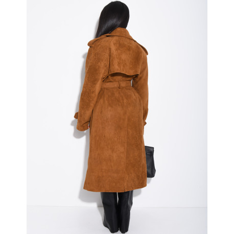 Long suede trench coat with belted waist