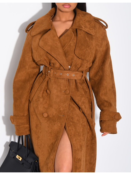 Long suede trench coat with belted waist