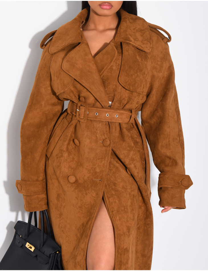 Long suede trench coat with belted waist