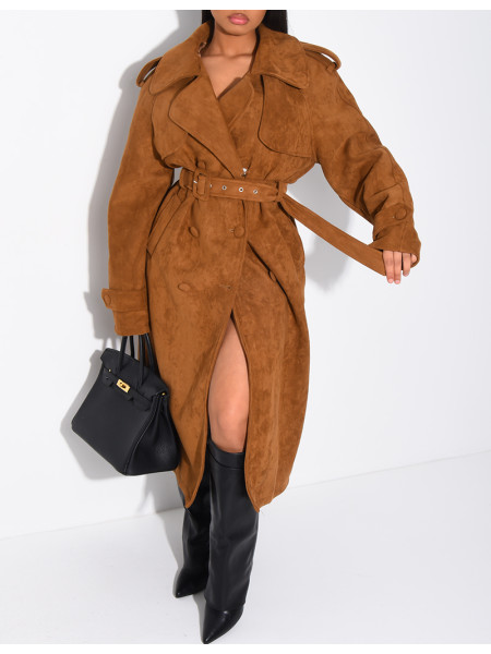Long suede trench coat with belted waist