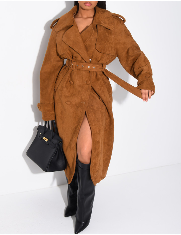 Long suede trench coat with belted waist
