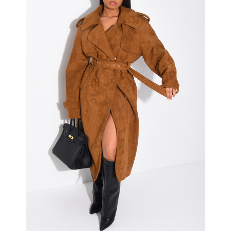 Long suede trench coat with belted waist