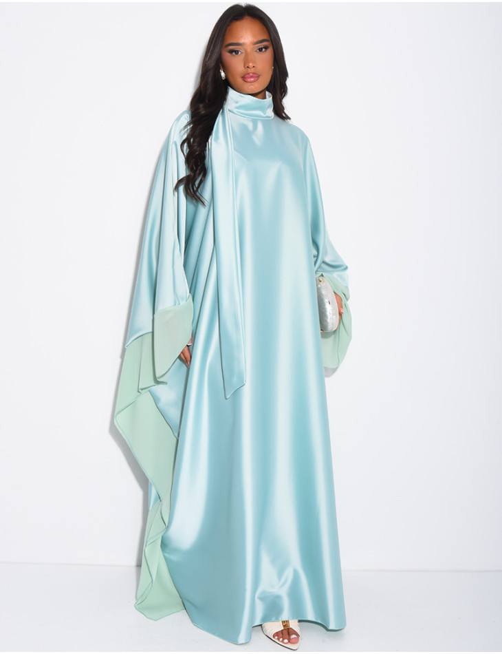 Abaya-Kleid aus dickem Satin mit transparenten Voile-Bordüren