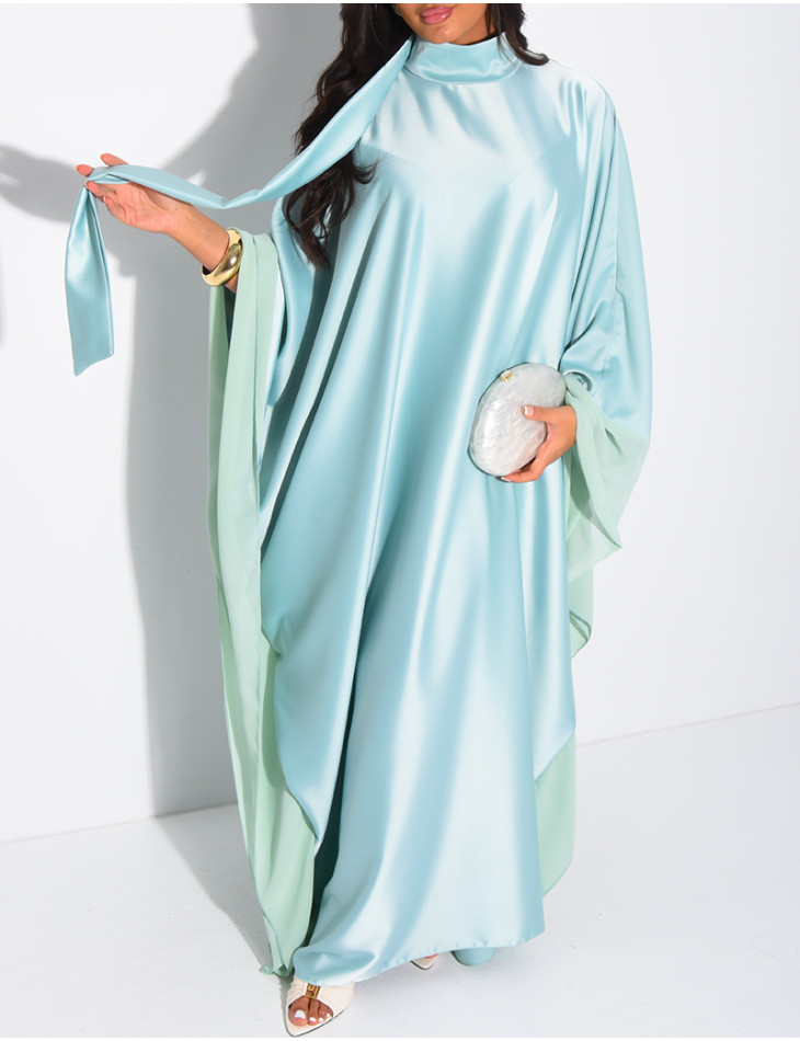 Abaya-Kleid aus dickem Satin mit transparenten Voile-Bordüren
