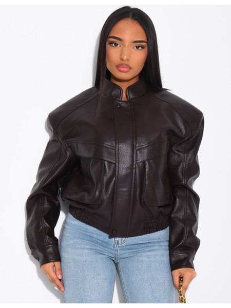 Short grained faux leather bomber jacket with shoulder pads