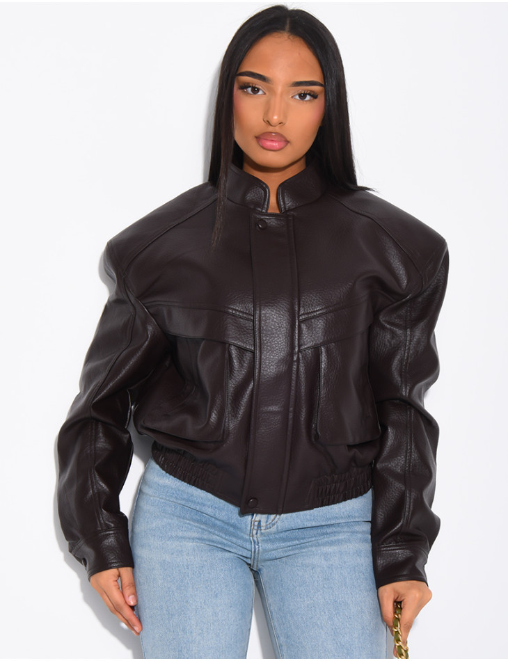 Short grained faux leather bomber jacket with shoulder pads