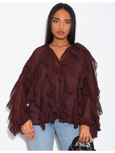 Transparent voile blouse with ruffles