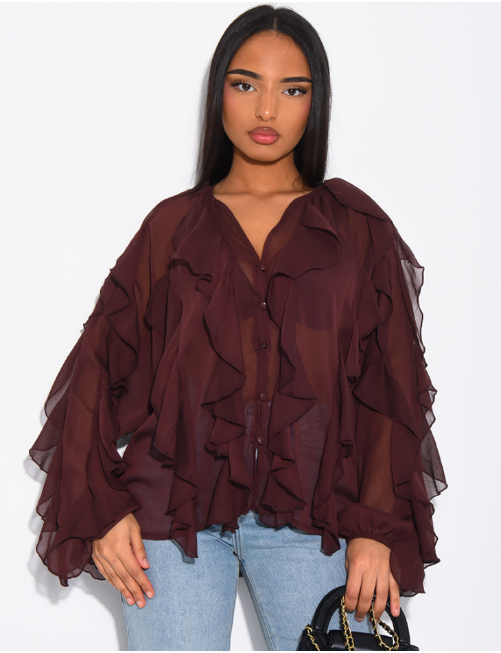 Transparent voile blouse with ruffles