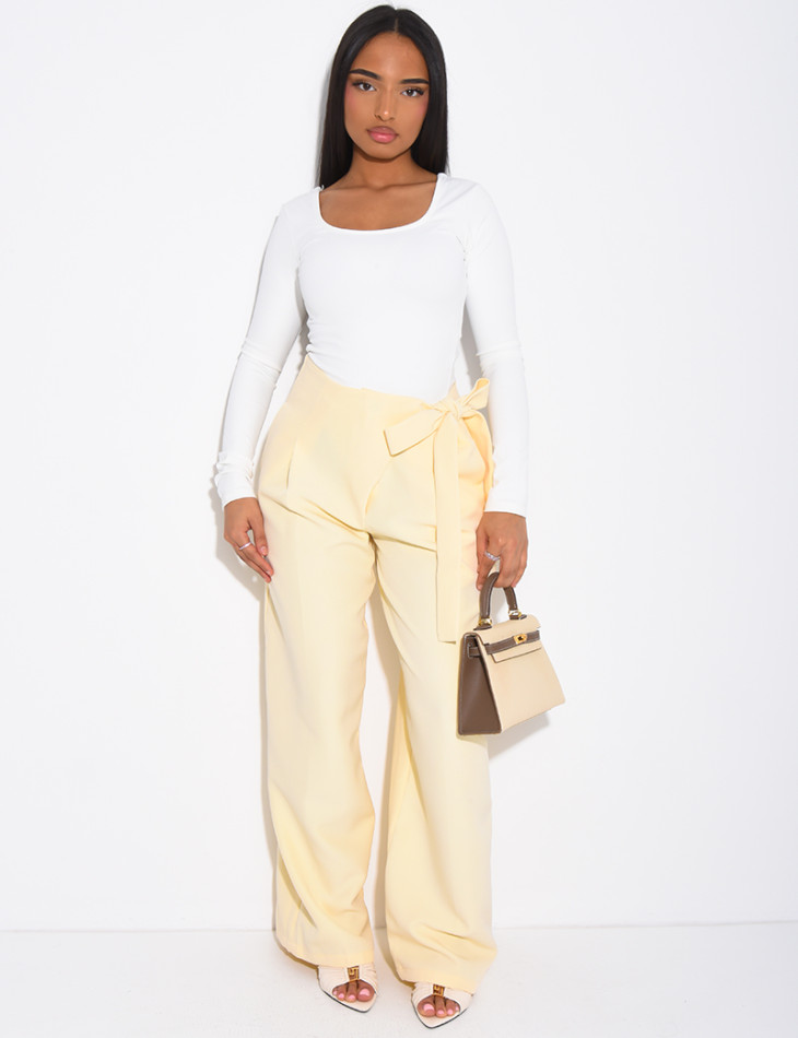 Straight-cut tailored pants with tie waist