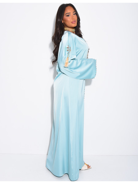 Premium satin abaya with hand-sewn tassels and crystals