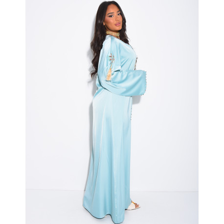 Premium satin abaya with hand-sewn tassels and crystals