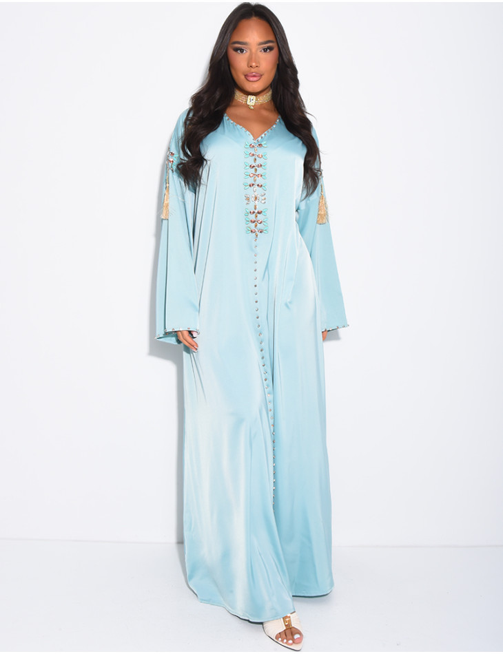 Premium satin abaya with hand-sewn tassels and crystals