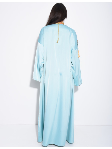 Premium satin abaya with hand-sewn tassels and crystals
