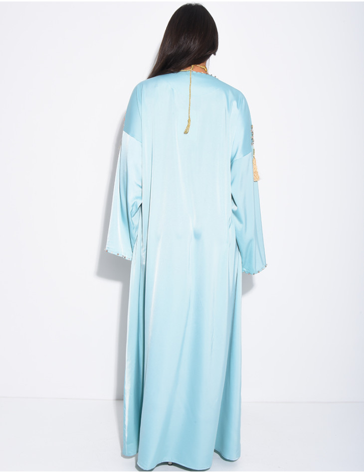 Premium satin abaya with hand-sewn tassels and crystals