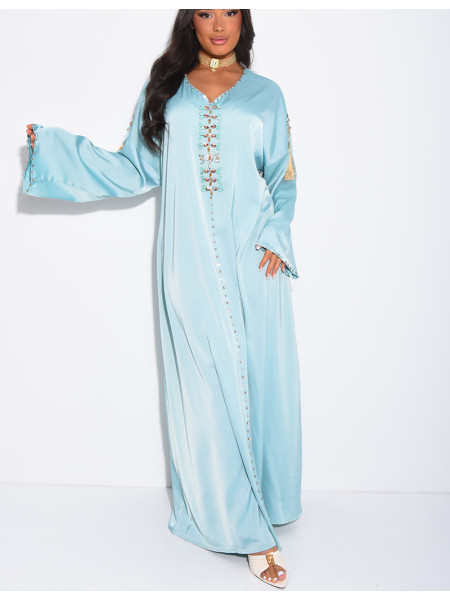 Premium satin abaya with hand-sewn tassels and crystals