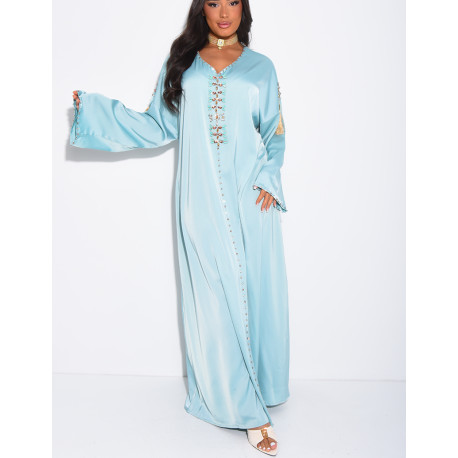 Premium satin abaya with hand-sewn tassels and crystals