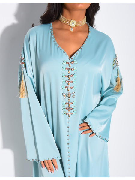 Premium satin abaya with hand-sewn tassels and crystals