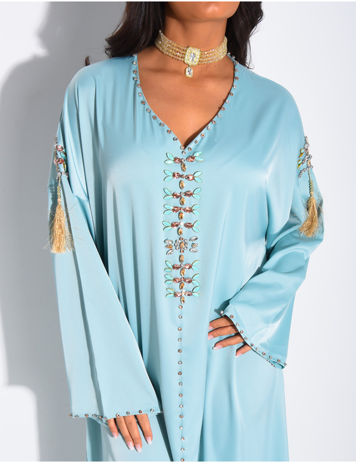 Premium satin abaya with hand-sewn tassels and crystals