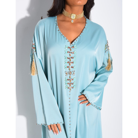 Premium satin abaya with hand-sewn tassels and crystals