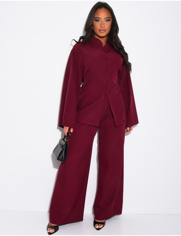 Pants and buttoned tunic set with tie at the back