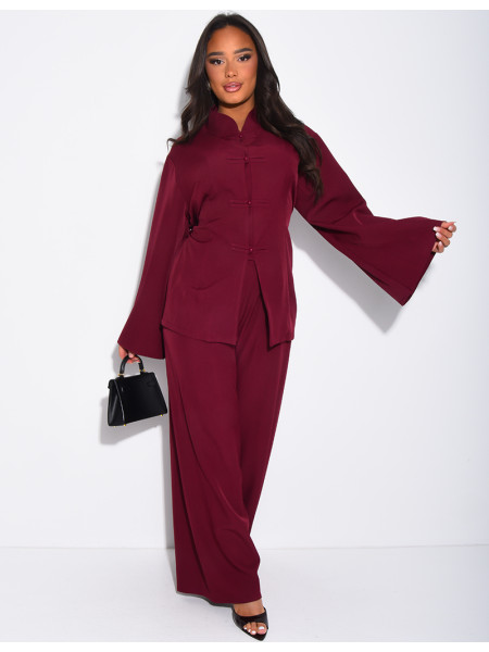 Pants and buttoned tunic set with tie at the back