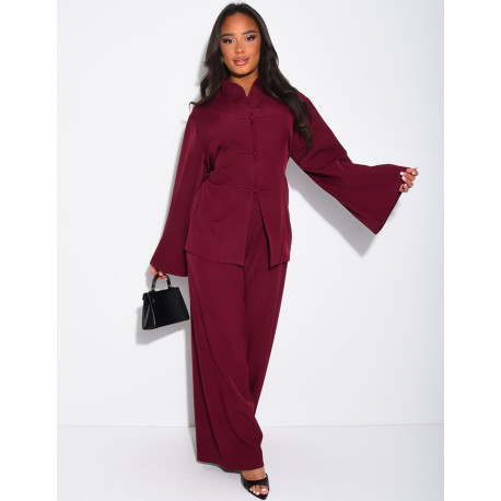 Pants and buttoned tunic set with tie at the back