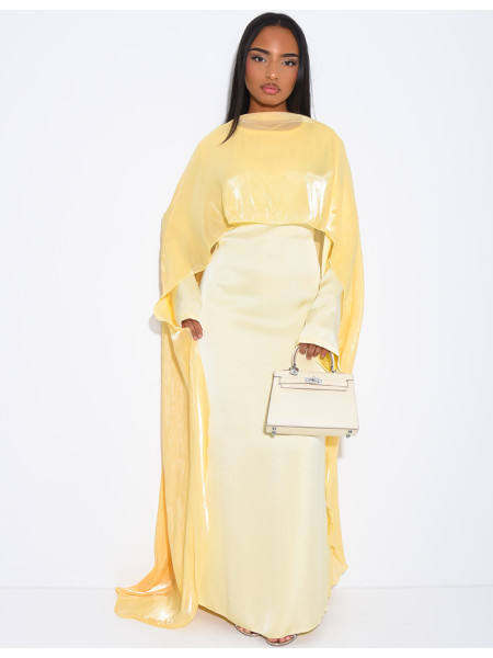 Ensemble robe en satin épais et cape en voile irrisé