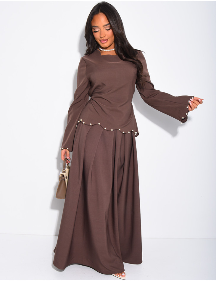 Long pleated skirt and fitted top with pearls