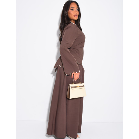 Long pleated skirt and fitted top with pearls